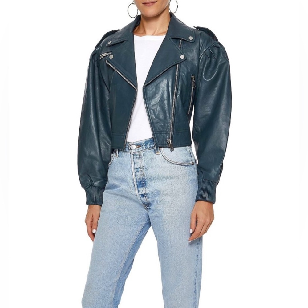 Walter Baker Retro Leather Biker Jacket in Blue size Medium